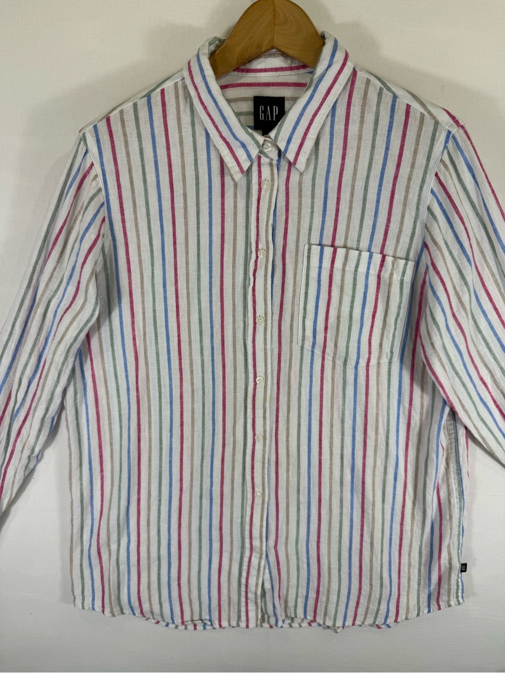 GAP Men's White Button-Down Shirt with Pink, Blue & Green Stripes